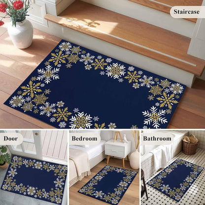Retro Yellow Snowflake 2x3 Area Rugs for Living Room, Winter Christmas Navy Background Non Slip Floor Mat Washable Low-Profile Indoor Carpet for Bedroom, Dining Room, Bathroom