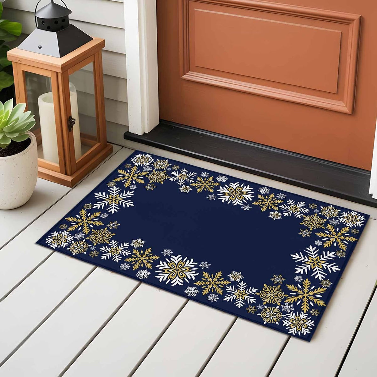 Retro Yellow Snowflake 2x3 Area Rugs for Living Room, Winter Christmas Navy Background Non Slip Floor Mat Washable Low-Profile Indoor Carpet for Bedroom, Dining Room, Bathroom