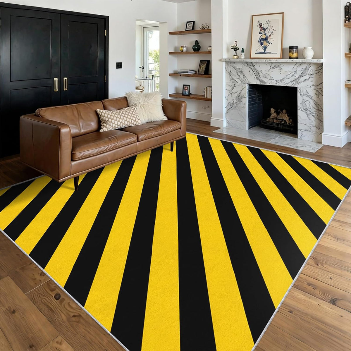 Yellow and Black Striped Door Mat for Entryway, Washable 2x3 Yellow and Black Small Rug, Modern Stripes Area Rugs for Bedroom Decor, Non Slip Low Pile Soft Front Door Rug D&T13