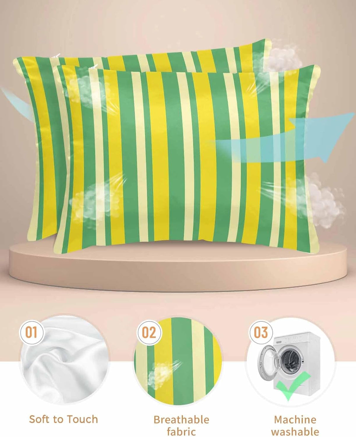 Lemon Green Yellow Pillow Cases Standard Size Set of 2, Satin Pillowcase for Hair and Skin, Summer Modern Farmhouse Striped Throw Pillow Covers Cooling Pillow Protector with Zipper 20"x26"x2