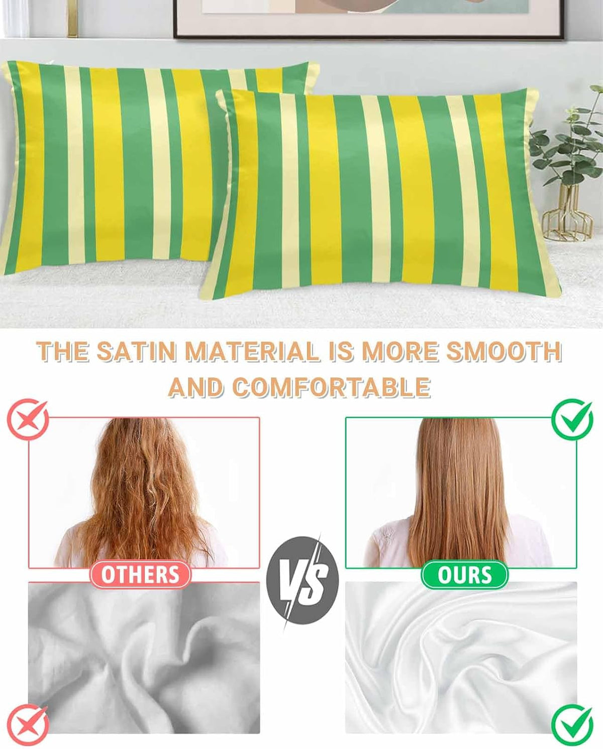 Lemon Green Yellow Pillow Cases Standard Size Set of 2, Satin Pillowcase for Hair and Skin, Summer Modern Farmhouse Striped Throw Pillow Covers Cooling Pillow Protector with Zipper 20"x26"x2