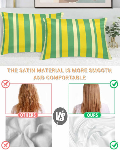 Lemon Green Yellow Pillow Cases Standard Size Set of 2, Satin Pillowcase for Hair and Skin, Summer Modern Farmhouse Striped Throw Pillow Covers Cooling Pillow Protector with Zipper 20"x26"x2