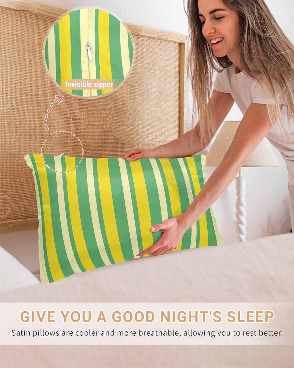 Lemon Green Yellow Pillow Cases Standard Size Set of 2, Satin Pillowcase for Hair and Skin, Summer Modern Farmhouse Striped Throw Pillow Covers Cooling Pillow Protector with Zipper 20"x26"x2