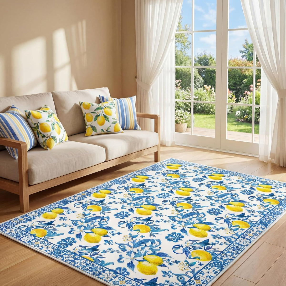 5x7 ft Lemon Area Rug Blue Yellow Mediterranean Italian Style Summer Kitchen Rug Non Slip Washable Textured Carpet for Living Room Bedroom Laundry Room Indoor Home Decor