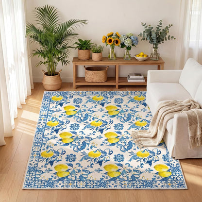 5x7 ft Lemon Area Rug Blue Yellow Mediterranean Italian Style Summer Kitchen Rug Non Slip Washable Textured Carpet for Living Room Bedroom Laundry Room Indoor Home Decor