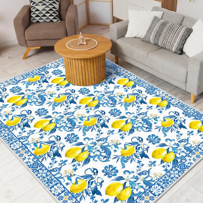 5x7 ft Lemon Area Rug Blue Yellow Mediterranean Italian Style Summer Kitchen Rug Non Slip Washable Textured Carpet for Living Room Bedroom Laundry Room Indoor Home Decor