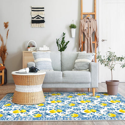 5x7 ft Lemon Area Rug Blue Yellow Mediterranean Italian Style Summer Kitchen Rug Non Slip Washable Textured Carpet for Living Room Bedroom Laundry Room Indoor Home Decor