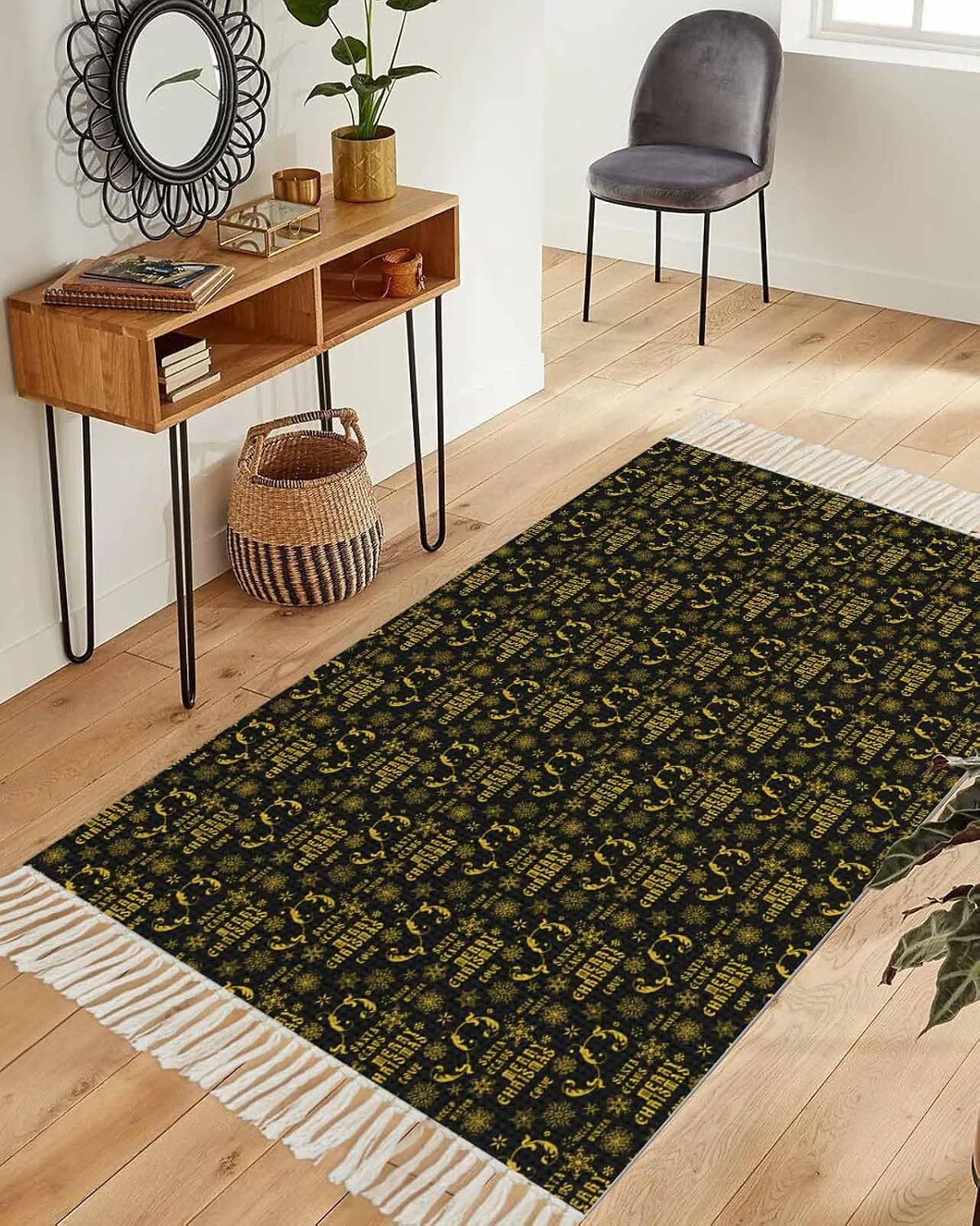 Christmas Black Area Rug 3x5ft Woven Runner Rug,Winter Xmas Yellow Snowflake Retro Washable Living Room Hallway Bedroom Kitchen Carpet with Tassels,Non-Shedding Indoor Throw Door Mat for Entryway