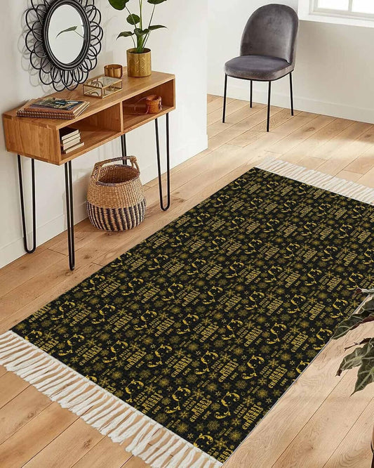Christmas Black Area Rug 3x5ft Woven Runner Rug,Winter Xmas Yellow Snowflake Retro Washable Living Room Hallway Bedroom Kitchen Carpet with Tassels,Non-Shedding Indoor Throw Door Mat for Entryway