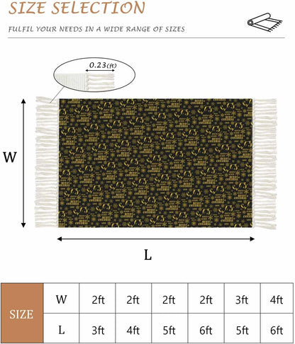 Christmas Black Area Rug 3x5ft Woven Runner Rug,Winter Xmas Yellow Snowflake Retro Washable Living Room Hallway Bedroom Kitchen Carpet with Tassels,Non-Shedding Indoor Throw Door Mat for Entryway