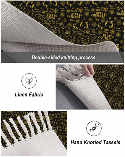 Christmas Black Area Rug 3x5ft Woven Runner Rug,Winter Xmas Yellow Snowflake Retro Washable Living Room Hallway Bedroom Kitchen Carpet with Tassels,Non-Shedding Indoor Throw Door Mat for Entryway