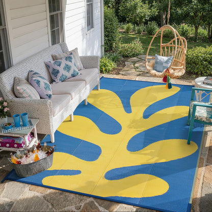 Abstract 8x10 Outdoor Rugs, Modern Coral Waterproof Reversible Plastic Straw Rug for Patio, Foldable Lightweight Outside Carpet for Deck, Balcony, RV, Beach, Blue/Yellow