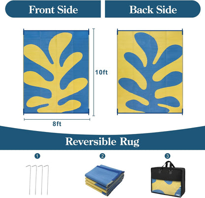 Abstract 8x10 Outdoor Rugs, Modern Coral Waterproof Reversible Plastic Straw Rug for Patio, Foldable Lightweight Outside Carpet for Deck, Balcony, RV, Beach, Blue/Yellow