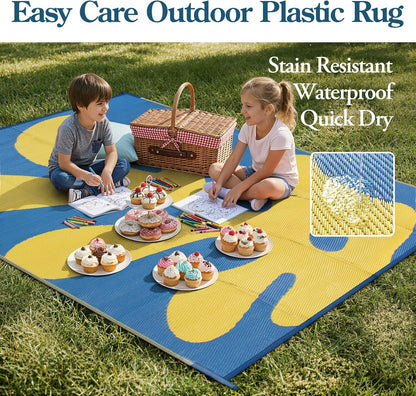Abstract 8x10 Outdoor Rugs, Modern Coral Waterproof Reversible Plastic Straw Rug for Patio, Foldable Lightweight Outside Carpet for Deck, Balcony, RV, Beach, Blue/Yellow