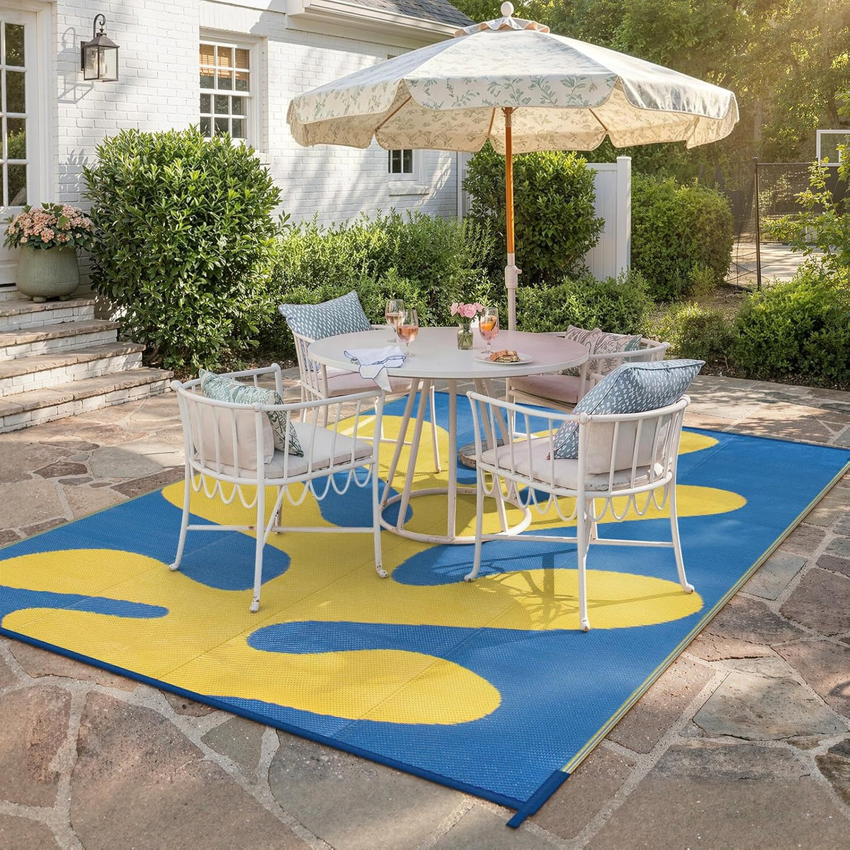 Abstract 8x10 Outdoor Rugs, Modern Coral Waterproof Reversible Plastic Straw Rug for Patio, Foldable Lightweight Outside Carpet for Deck, Balcony, RV, Beach, Blue/Yellow