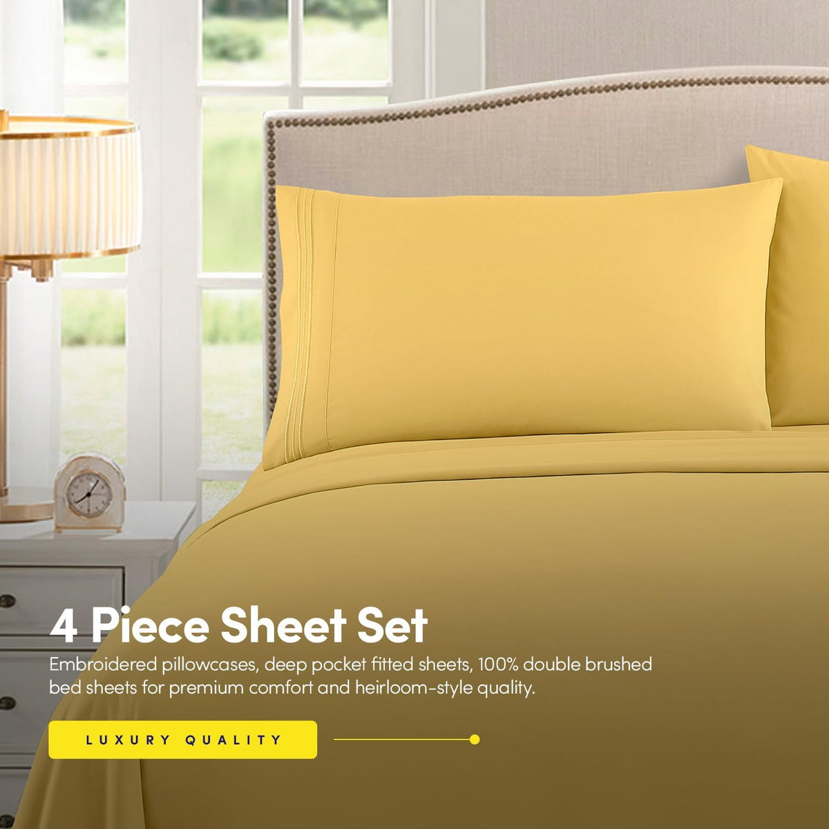 1500 Supreme Collection Queen Sheet Sets Yellow - Luxury Hotel Bed Sheets and Pillowcase Set for Queen Mattress - Extra Soft, Elastic Corner Straps, Deep Pocket Sheets, Queen Yellow