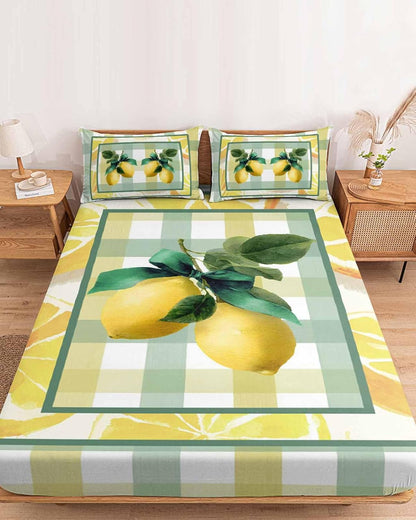 Twin Sze Fitted Sheet Set - Lemon 2 Piece Bedding Sets 16" Deep Pocket Fitted Sheet with 1 Pillowcase, Botanical Fruit Leaves Bow Yellow Green Striped Brushed Microfiber Hotel Luxury Bed Sheets