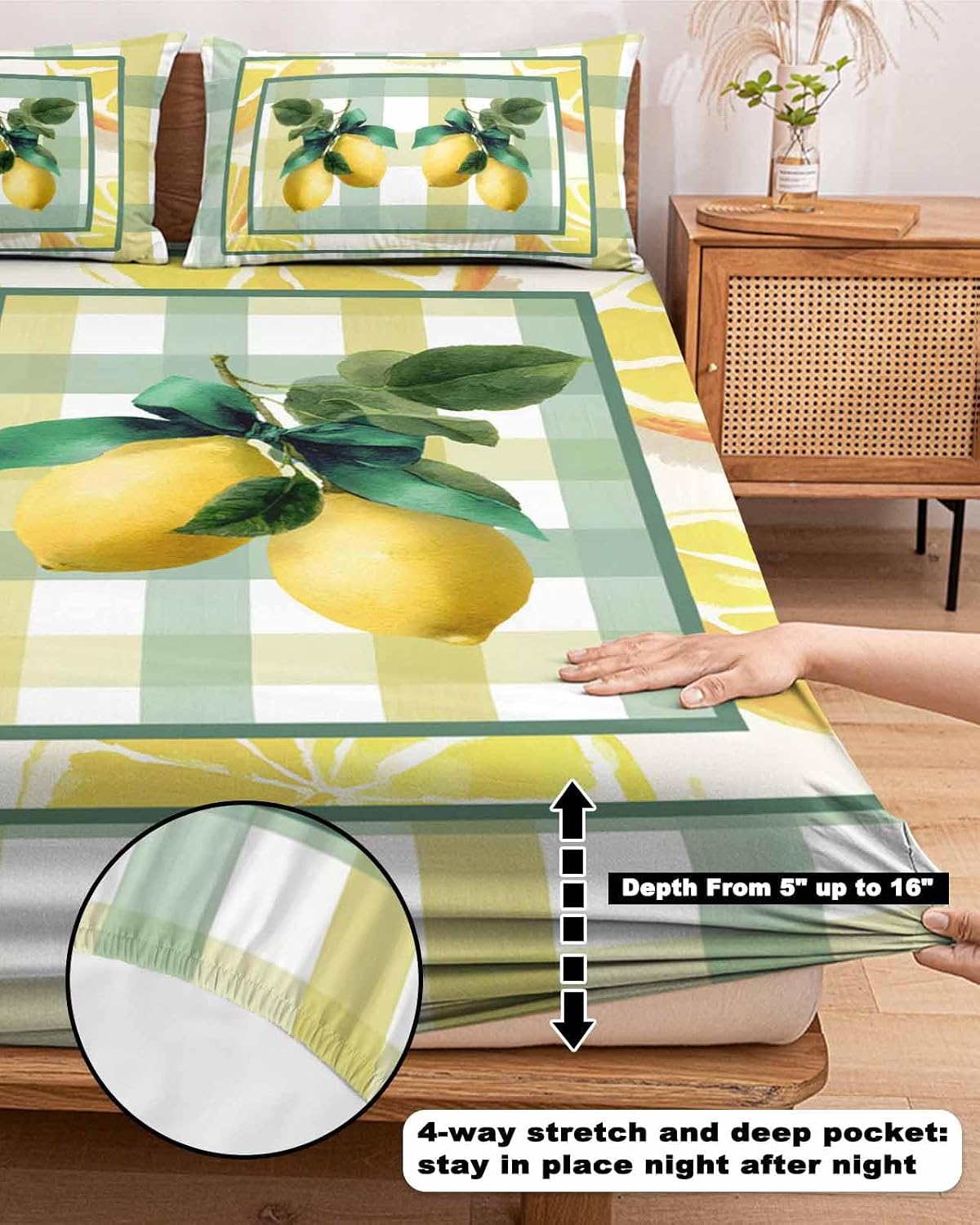 Twin Sze Fitted Sheet Set - Lemon 2 Piece Bedding Sets 16" Deep Pocket Fitted Sheet with 1 Pillowcase, Botanical Fruit Leaves Bow Yellow Green Striped Brushed Microfiber Hotel Luxury Bed Sheets