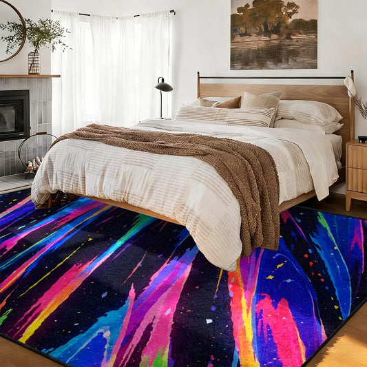 Colorful Meteor Area Rug, 4x6ft, Black Starry Sky Pink Blue Yellow Green Stripe Pattern Rug, Game Room Non-Slip Washable Soft Area Rugs, Cyberpunk Neon Decorative Carpet