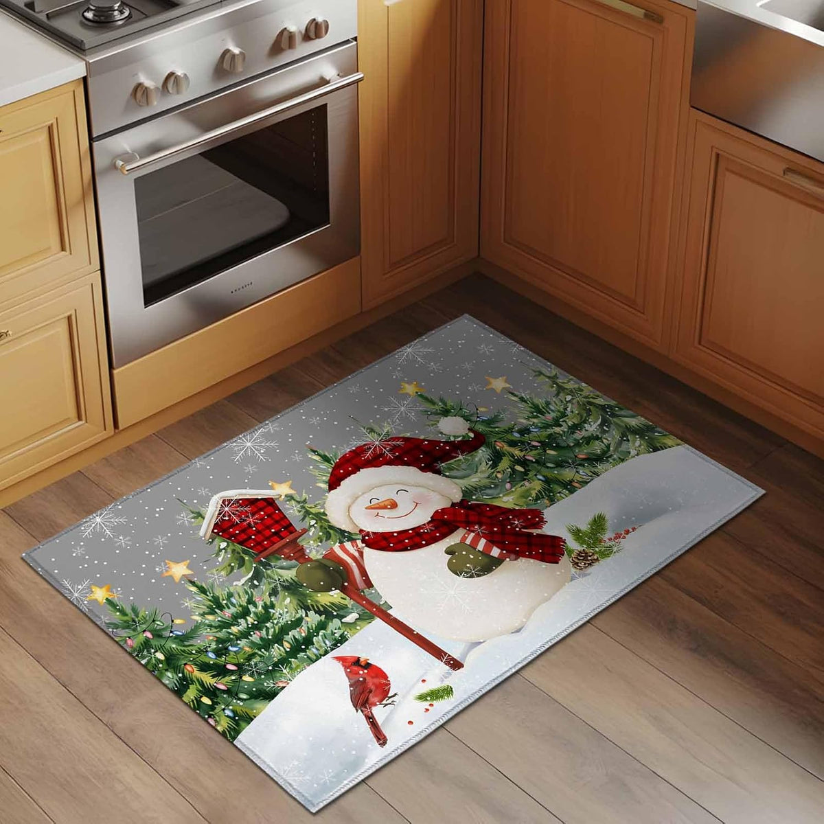 Rectangle Area Rug 2x3ft, Xmas Snowman Pine Tree on Gray Non Slip Floor Mat, Winter Snowflake Yellow Star Non Shedding Washable Floor Carpets for Living Room Bedroom Home Decor