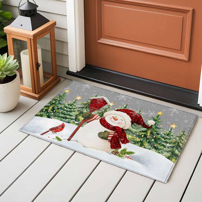 Rectangle Area Rug 2x3ft, Xmas Snowman Pine Tree on Gray Non Slip Floor Mat, Winter Snowflake Yellow Star Non Shedding Washable Floor Carpets for Living Room Bedroom Home Decor
