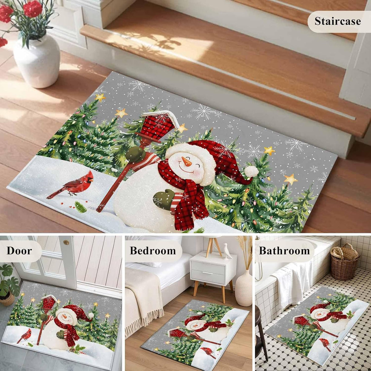 Rectangle Area Rug 2x3ft, Xmas Snowman Pine Tree on Gray Non Slip Floor Mat, Winter Snowflake Yellow Star Non Shedding Washable Floor Carpets for Living Room Bedroom Home Decor