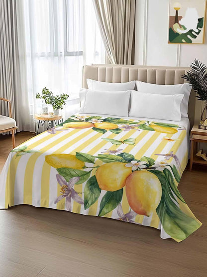 Lemon Flower Flat Bed Sheet Queen Size for Queen Mattress, Microfiber Bedding Top Sheets Deep Pocket for All Seasons, Yellow Vertical Stripes Butterfly Farmhouse Soft & Breathable Hotel Quality