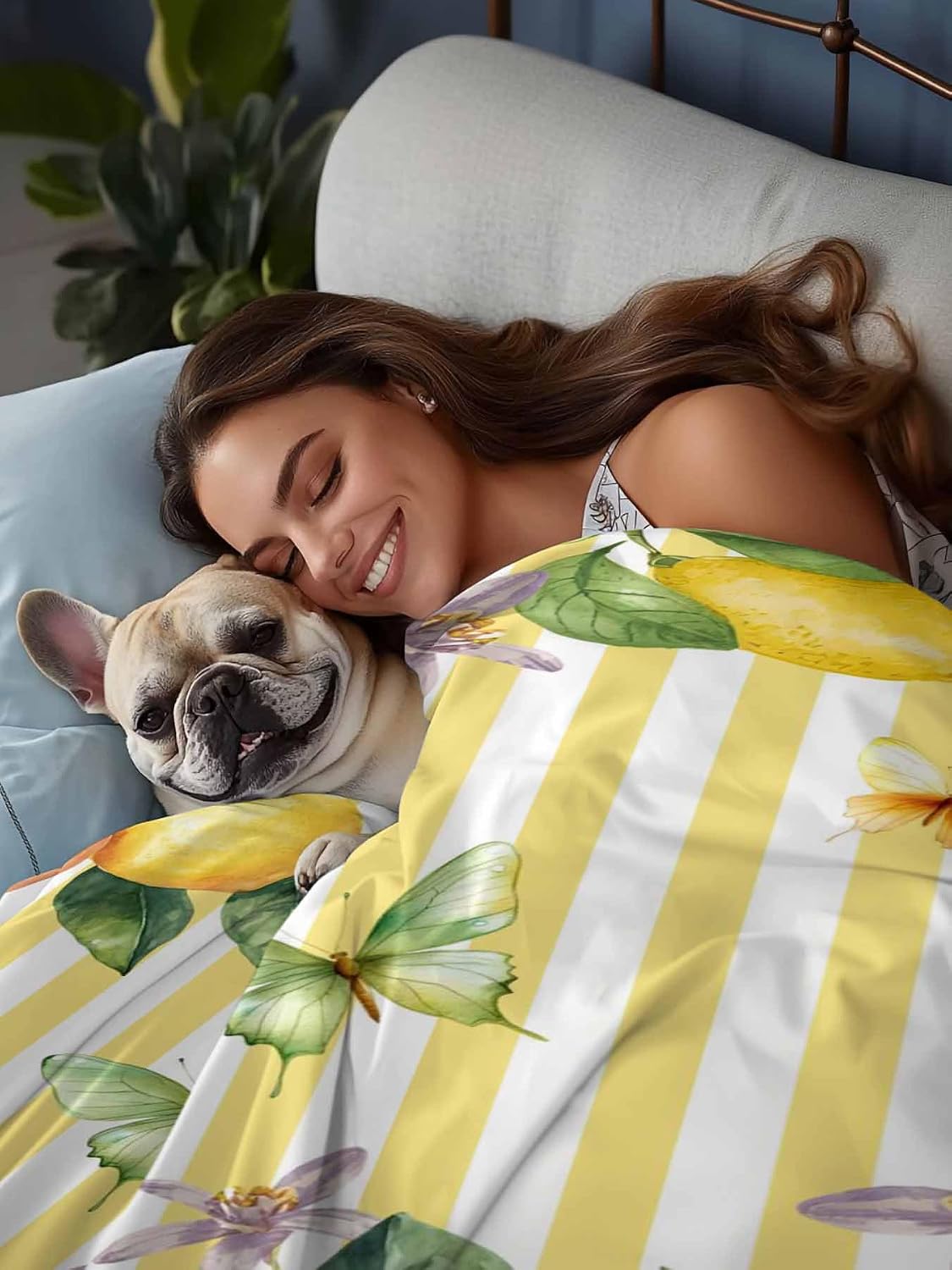 Lemon Flower Flat Bed Sheet Queen Size for Queen Mattress, Microfiber Bedding Top Sheets Deep Pocket for All Seasons, Yellow Vertical Stripes Butterfly Farmhouse Soft & Breathable Hotel Quality
