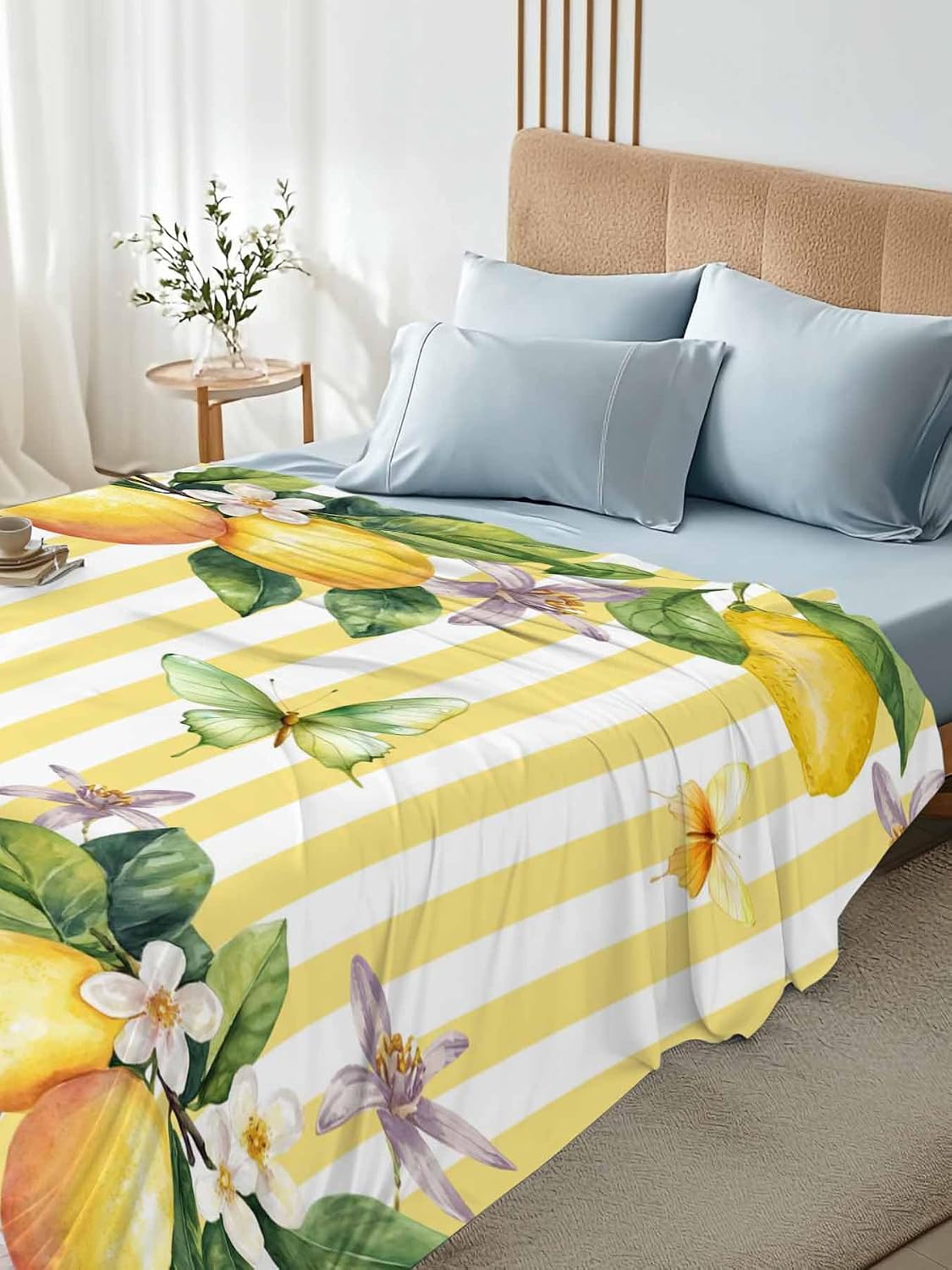 Lemon Flower Flat Bed Sheet Queen Size for Queen Mattress, Microfiber Bedding Top Sheets Deep Pocket for All Seasons, Yellow Vertical Stripes Butterfly Farmhouse Soft & Breathable Hotel Quality