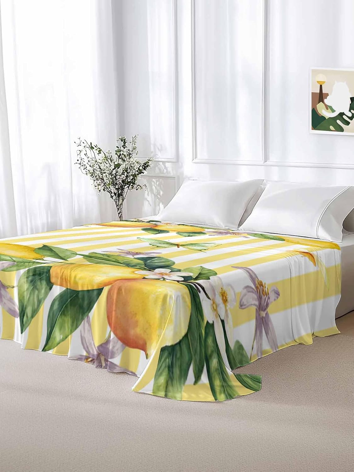 Lemon Flower Flat Bed Sheet Queen Size for Queen Mattress, Microfiber Bedding Top Sheets Deep Pocket for All Seasons, Yellow Vertical Stripes Butterfly Farmhouse Soft & Breathable Hotel Quality