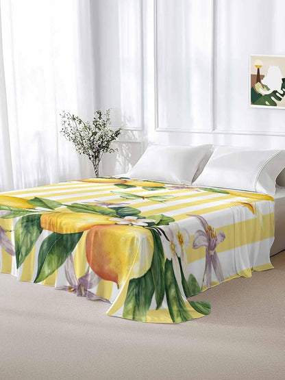 Lemon Flower Flat Bed Sheet Queen Size for Queen Mattress, Microfiber Bedding Top Sheets Deep Pocket for All Seasons, Yellow Vertical Stripes Butterfly Farmhouse Soft & Breathable Hotel Quality