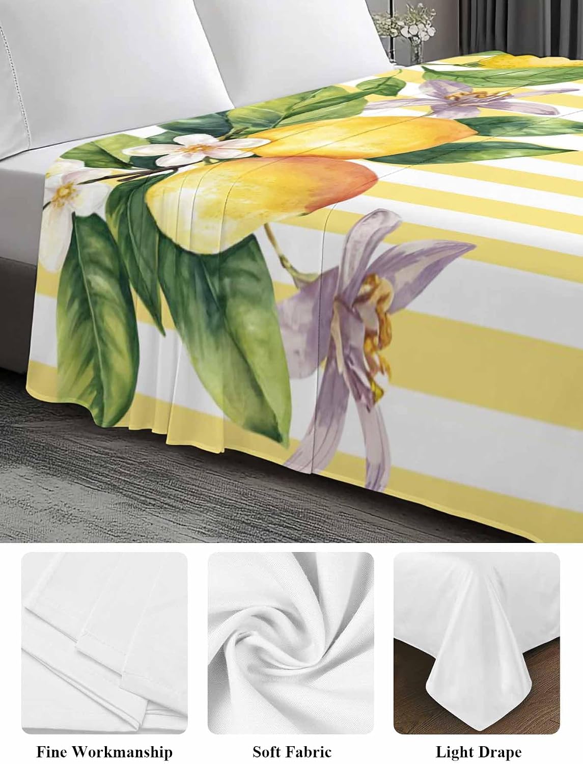 Lemon Flower Flat Bed Sheet Queen Size for Queen Mattress, Microfiber Bedding Top Sheets Deep Pocket for All Seasons, Yellow Vertical Stripes Butterfly Farmhouse Soft & Breathable Hotel Quality