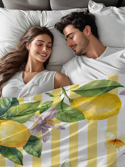 Lemon Flower Flat Bed Sheet Queen Size for Queen Mattress, Microfiber Bedding Top Sheets Deep Pocket for All Seasons, Yellow Vertical Stripes Butterfly Farmhouse Soft & Breathable Hotel Quality