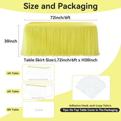 72in Yellow Tulle Table Skirts for Rectabgle Tables 6/4ft, 2-Layer Gold Grim Ruffle Tulle Tutu Cloth Table Skirt 6ft Decor Bee Themed Birthday Party Wedding Baby Shower Cake Dessert(No Table Cover)