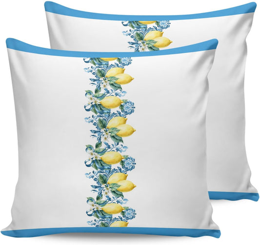 Watercolor Lemon Stripes 2PCS Throw Pillow Covers for Couch Sofa Bed, Country Yellow Fruit Flowers Pillow Covers 16x16 inch, Standard Pillowcases Set Decorative Cushion Covers for Living Room Bedroom
