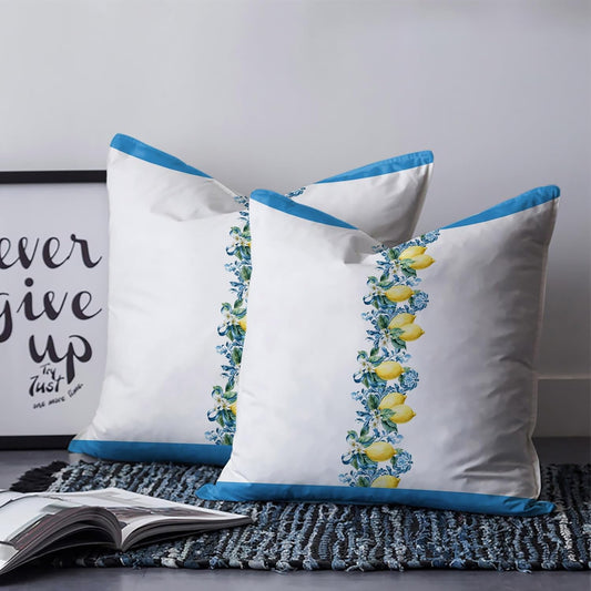 Watercolor Lemon Stripes 2PCS Throw Pillow Covers for Couch Sofa Bed, Country Yellow Fruit Flowers Pillow Covers 16x16 inch, Standard Pillowcases Set Decorative Cushion Covers for Living Room Bedroom