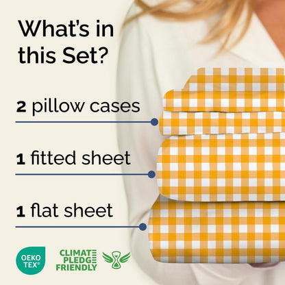 King 4 Piece Striped Sheet Set - Breathable & Cooling - Orange Gingham