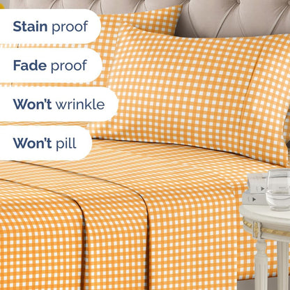 King 4 Piece Striped Sheet Set - Breathable & Cooling - Orange Gingham