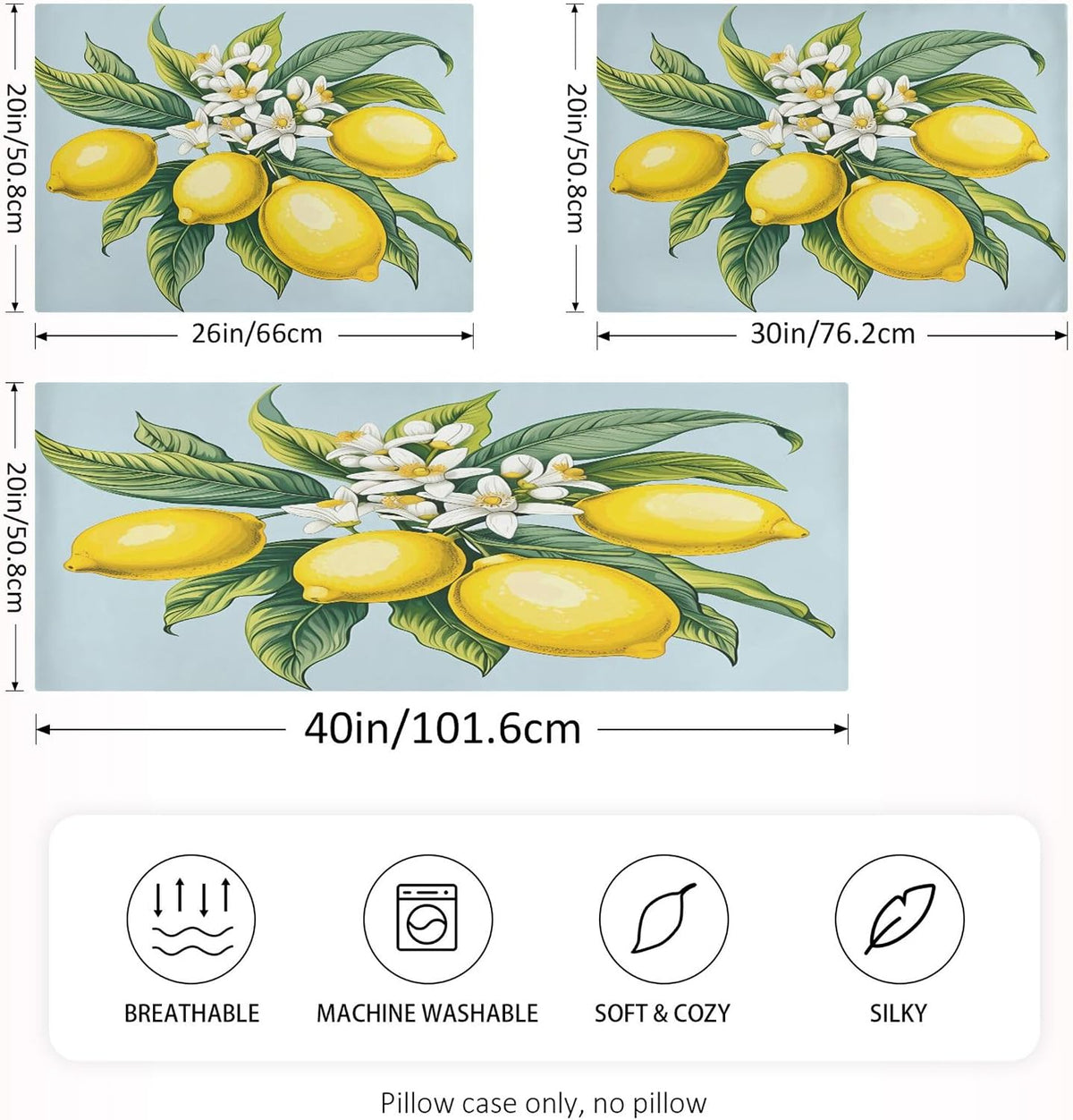 Yellow Lemons Satin Pillow Case Standard Size 20x26 in for Hair and Skin, Soft Pillowcase with Envelope Closure Machine Washable
