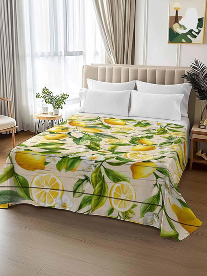 Queen Size Top Sheet Only, Farm Fruits Lemon Floral Flat Sheet Microfiber Breathable Soft Bed Sheets, Yellow Wood Texture Hotel Bedding Flat Sheets for Bedroom