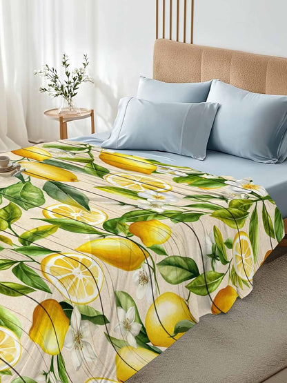 Queen Size Top Sheet Only, Farm Fruits Lemon Floral Flat Sheet Microfiber Breathable Soft Bed Sheets, Yellow Wood Texture Hotel Bedding Flat Sheets for Bedroom