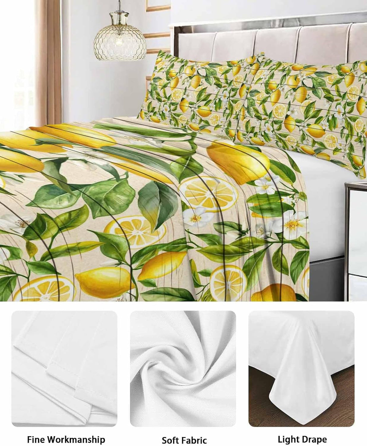 Queen Size Top Sheet Only, Farm Fruits Lemon Floral Flat Sheet Microfiber Breathable Soft Bed Sheets, Yellow Wood Texture Hotel Bedding Flat Sheets for Bedroom