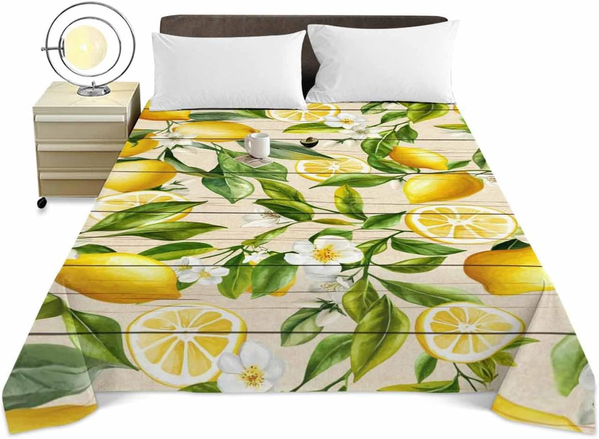 Queen Size Top Sheet Only, Farm Fruits Lemon Floral Flat Sheet Microfiber Breathable Soft Bed Sheets, Yellow Wood Texture Hotel Bedding Flat Sheets for Bedroom