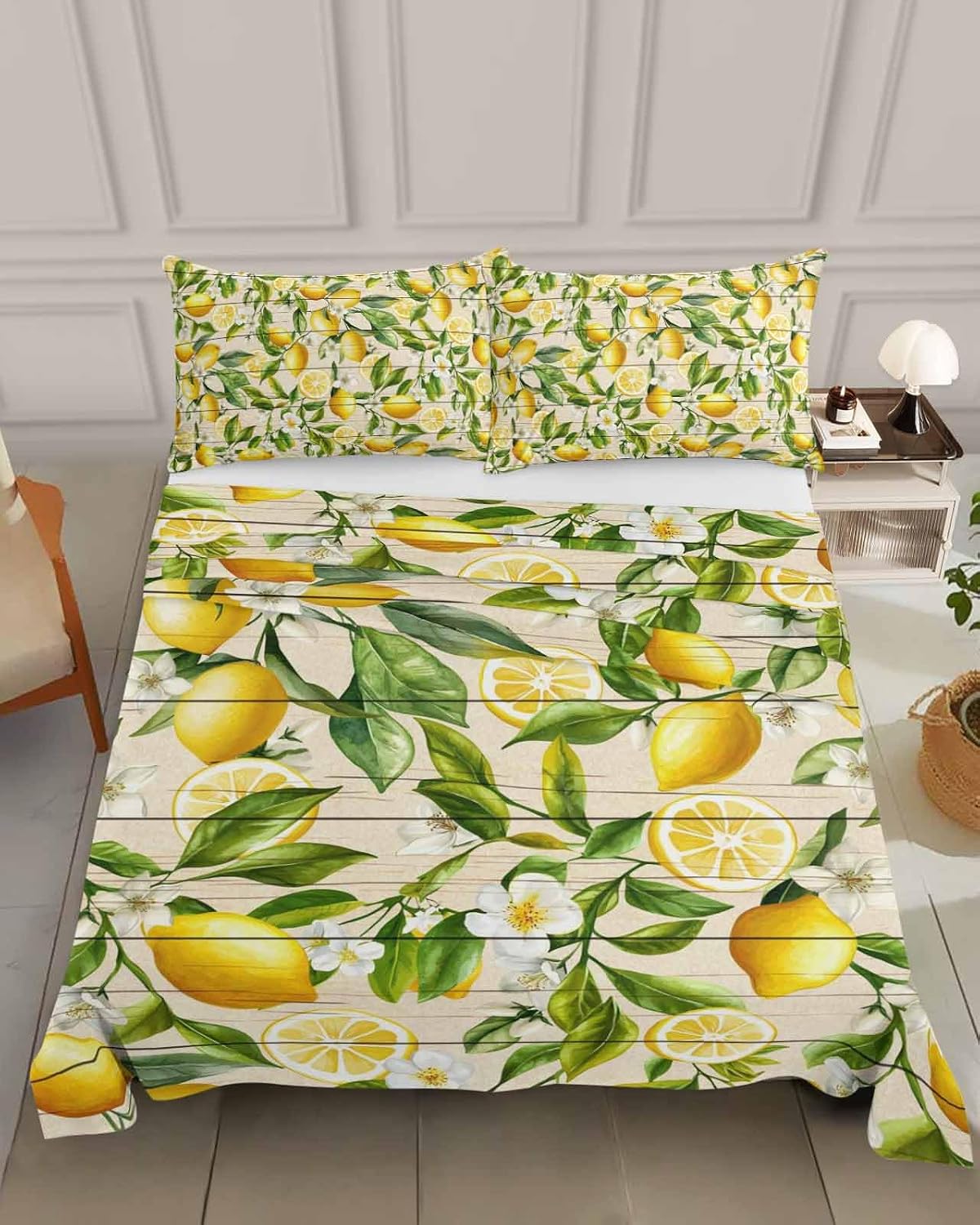 Queen Size Top Sheet Only, Farm Fruits Lemon Floral Flat Sheet Microfiber Breathable Soft Bed Sheets, Yellow Wood Texture Hotel Bedding Flat Sheets for Bedroom