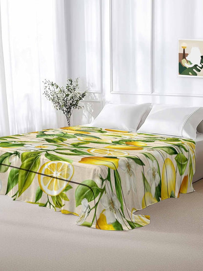 Queen Size Top Sheet Only, Farm Fruits Lemon Floral Flat Sheet Microfiber Breathable Soft Bed Sheets, Yellow Wood Texture Hotel Bedding Flat Sheets for Bedroom
