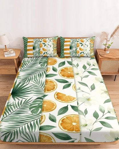 Twin Sze Fitted Sheet Set - Yellow Lemons 2 Piece Bedding Sets 16" Deep Pocket Fitted Sheet with 1 Pillowcase, Summer Botanical Green Leaves Fruits Striped Brushed Microfiber Hotel Luxury Bed Sheets