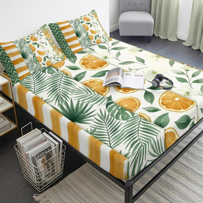 Twin Sze Fitted Sheet Set - Yellow Lemons 2 Piece Bedding Sets 16" Deep Pocket Fitted Sheet with 1 Pillowcase, Summer Botanical Green Leaves Fruits Striped Brushed Microfiber Hotel Luxury Bed Sheets