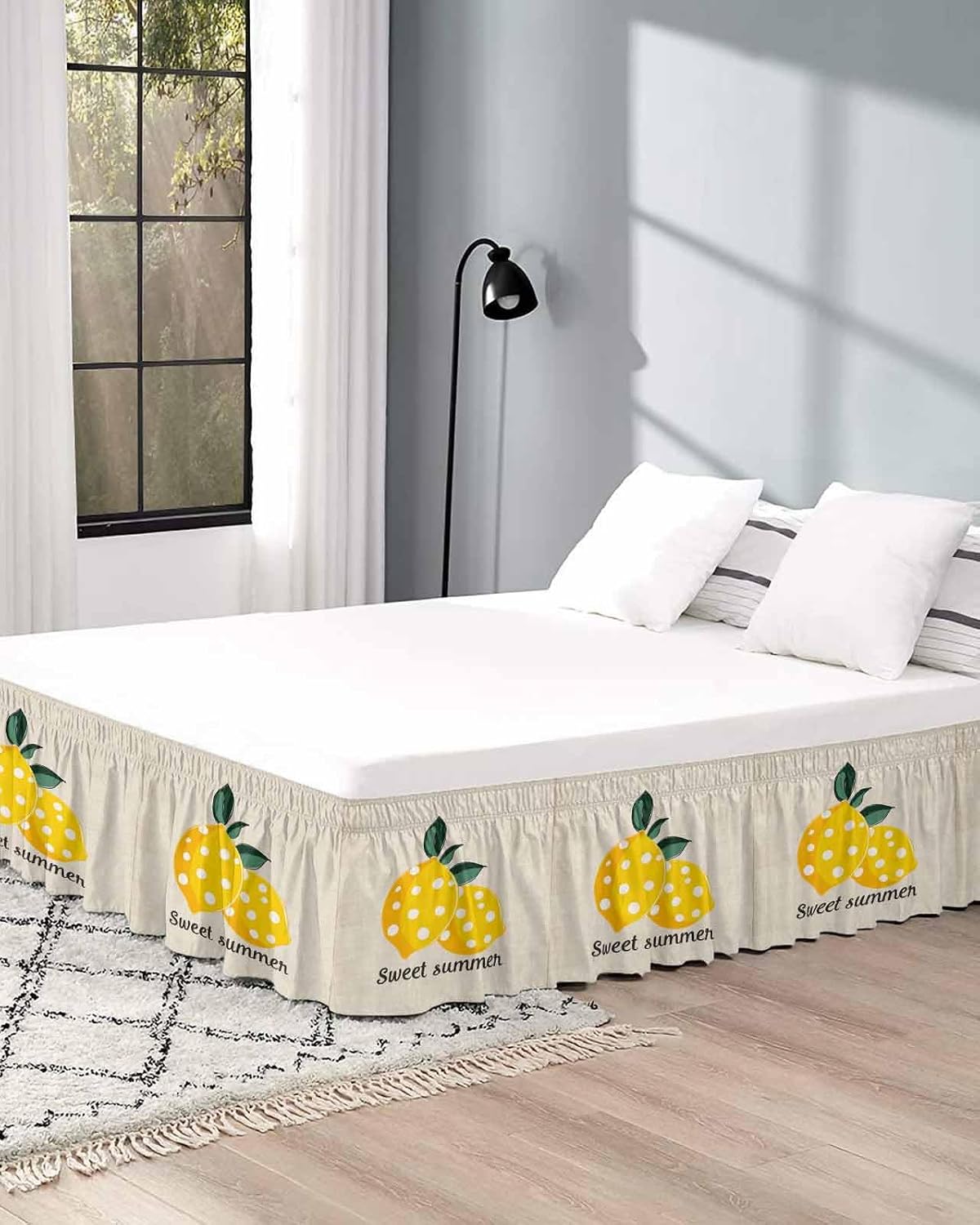 Yellow Lemons Bed Skirt Queen Size 16 Inch Drop, Adjustable Elastic Wrap Around Bed Skirts Easy Fitting Dust Ruffle Bedskirt Bed Frame Cover Summer Botanical Farmhouse Rustic