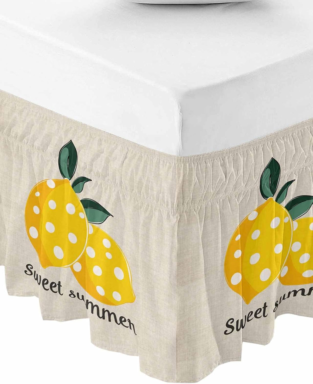Yellow Lemons Bed Skirt Queen Size 16 Inch Drop, Adjustable Elastic Wrap Around Bed Skirts Easy Fitting Dust Ruffle Bedskirt Bed Frame Cover Summer Botanical Farmhouse Rustic