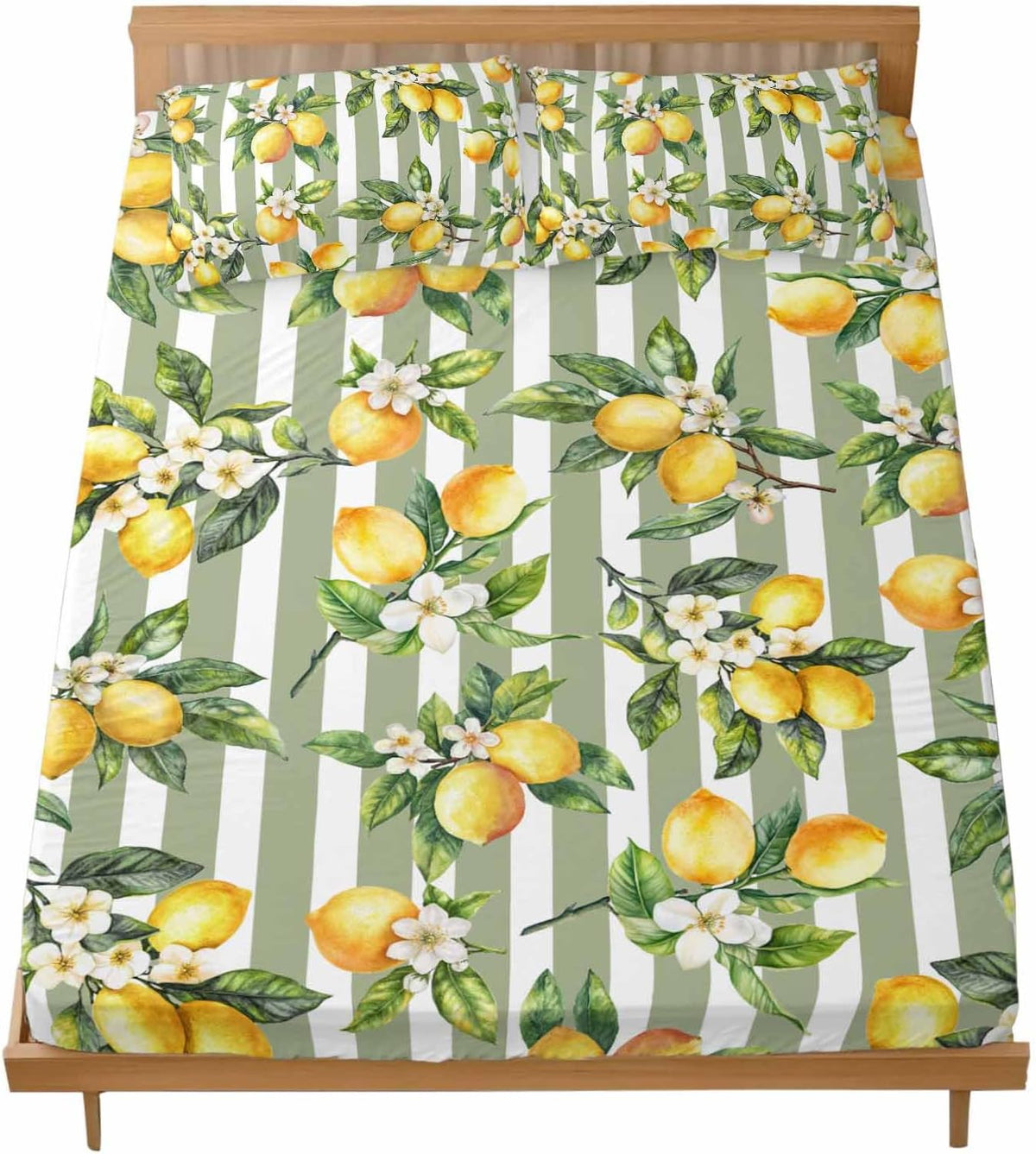 3 Pieces Twin Fitted Sheet Set, Vintage Farm Lemon Flowers Deep Pocket Up to 16", Yellow Fruit on Sage Green Stripe Soft Elastic Bed Sheets and Pillow Cases Secure Fit